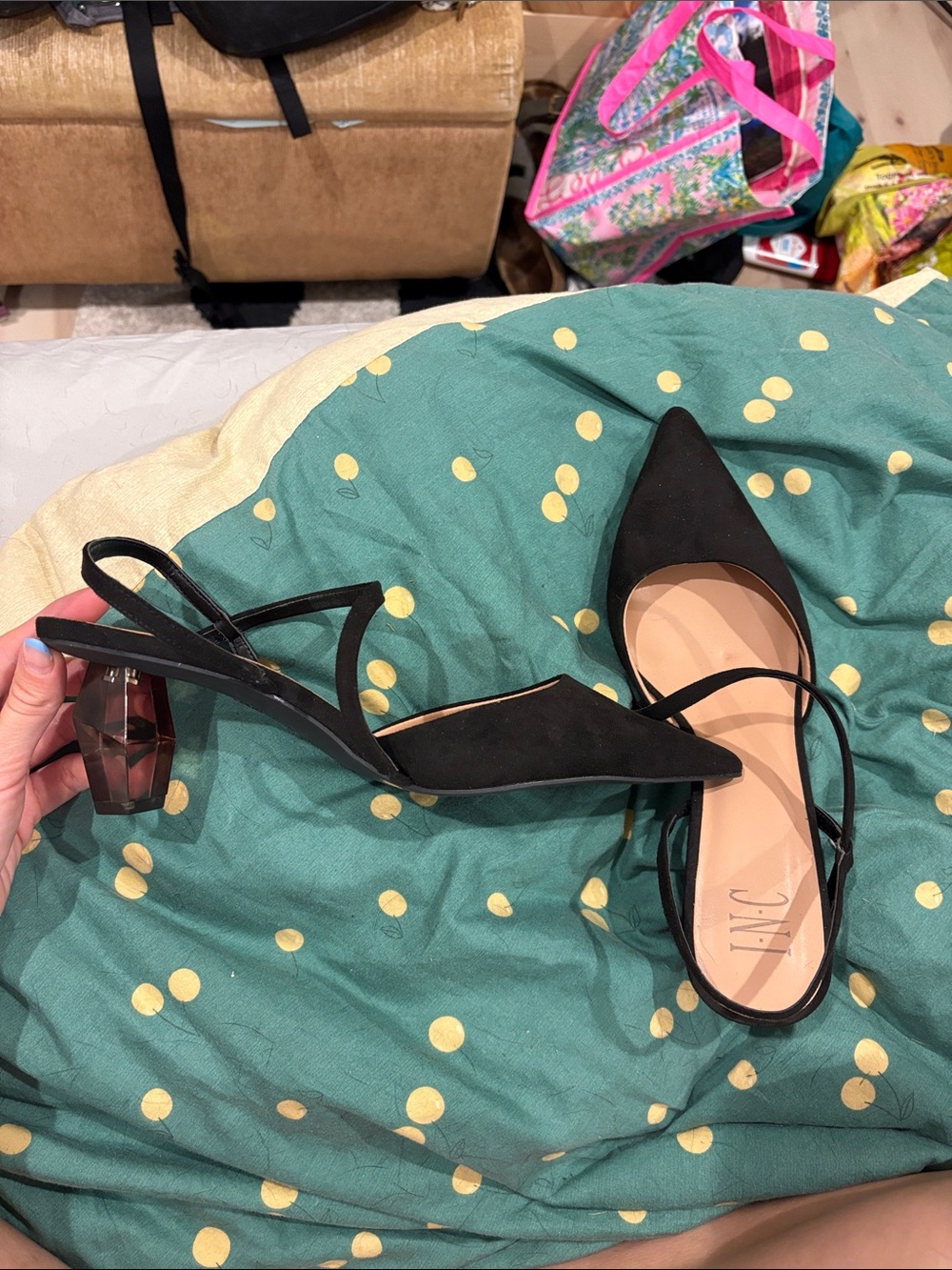 INC Black Pointed Slingback Heels with Faceted Block Resin Heel
